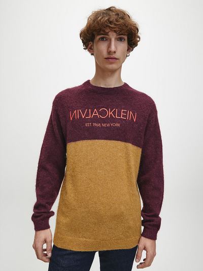 Calvin Klein Ruhák HU615973 | Calvin Klein Relaxed Wool Colour Block Férfi Pulóver Bordó